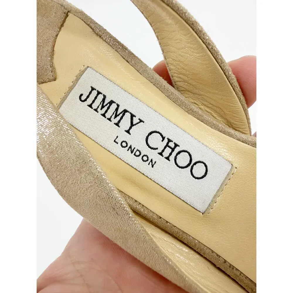 Jimmy Choo Desai Shimmer Beige Crystal Pointed Toe Slingback Pump Heels 37